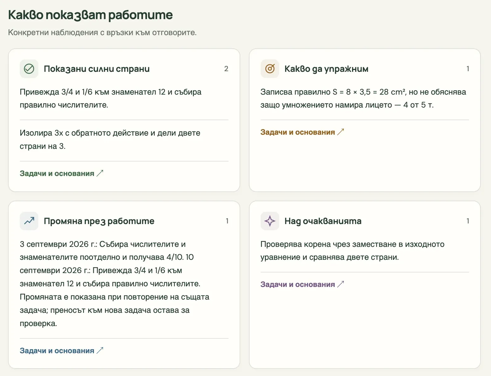 „Какво показват работите“ в портфолиото на ученик: показани силни страни, какво да упражни, промяна през работите и задачи над очакванията — всяко с връзка „Задачи и основания“.